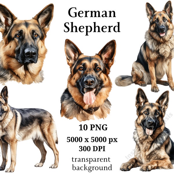 German Shepherd Clipart, 10 High Quality PNGs, Digital Planner, Watercolor German Shepherd, Card Making, Journaling, Digital Download #939