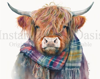 Highland Cow & Scarf Clipart, 10 High Quality JPGs, Digital Download, Card Making, Animal Clipart, Digital Paper Craft | #62
