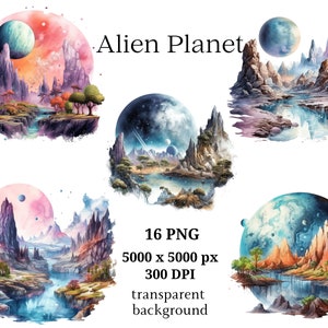Alien Planet Clipart, 16 hochwertige PNGs, Kinderzimmer Kunst, digitaler Download | Kartenherstellung, Alien Bilder, Digital Paper Craft | #1148