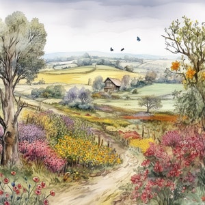 Frühling Landschaft ClipArt, 10 hochwertige JPGs, Aquarell Kunst, digitaler Download, Kartenherstellung, Mixed Media, digitales Papier Handwerk | #397