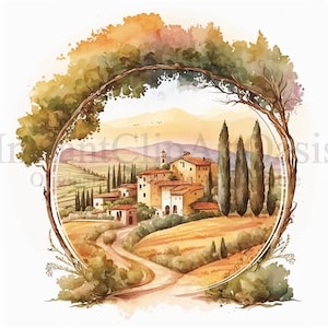 Italian Landscape Clipart, 10 High Quality JPGs, Watercolor Art, Digital Download, Card Making, Mixed Media, Digital Paper Craft | #155