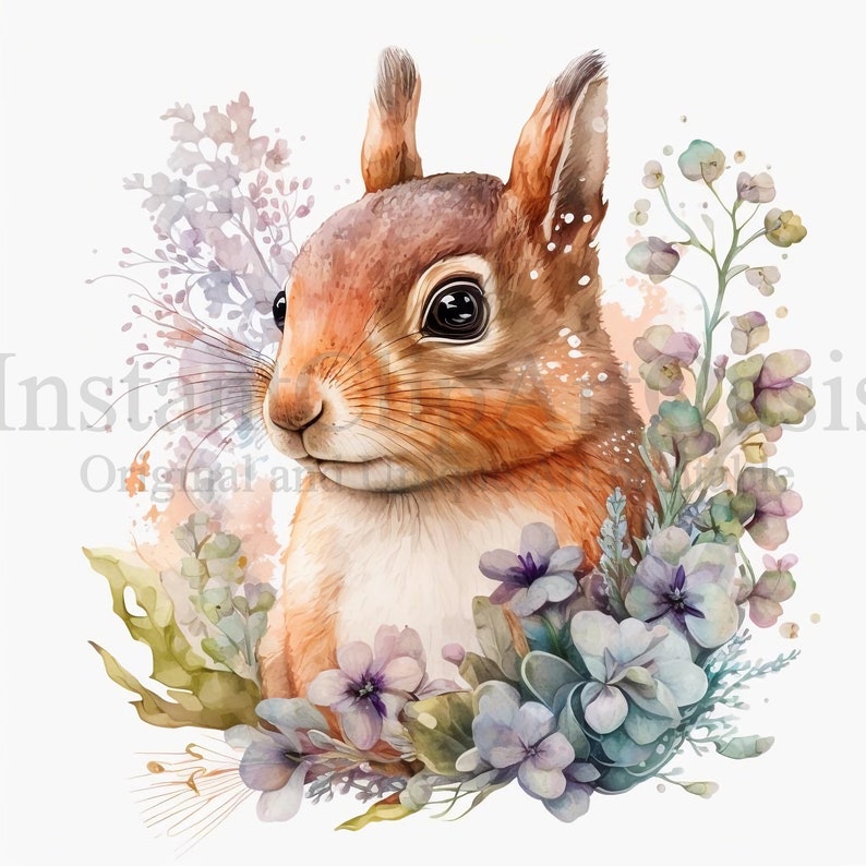 Floral Squirrels Clipart, 10 High Quality JPGs, Nursery Art, Digital Planner, Watercolor, Card Making, Journaling, Digital Download | #85 image 5