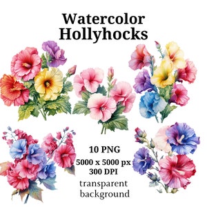 Hollyhock Clipart, 10 High Quality PNGs, Botanical Art, Digital Download, Card Making, Journaling, Digital Paper Craft | #1015