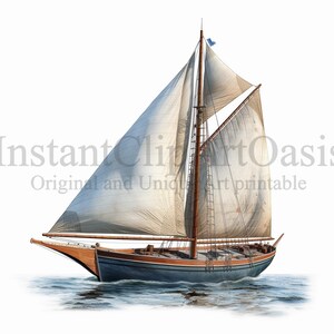 K&ouml;nnte beinhalten: Ein antikes Holzsegelboot mit wei&szlig;en Segeln, einem blauen Rumpf und einem Holzmast. Das Boot segelt auf einem ruhigen blauen Meer.