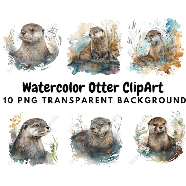 Otter Clipart, 10 High Quality PNGs Transparent Background | Card Making, Otter Print, Digital Paper Craft, Watercolour Painting | #207