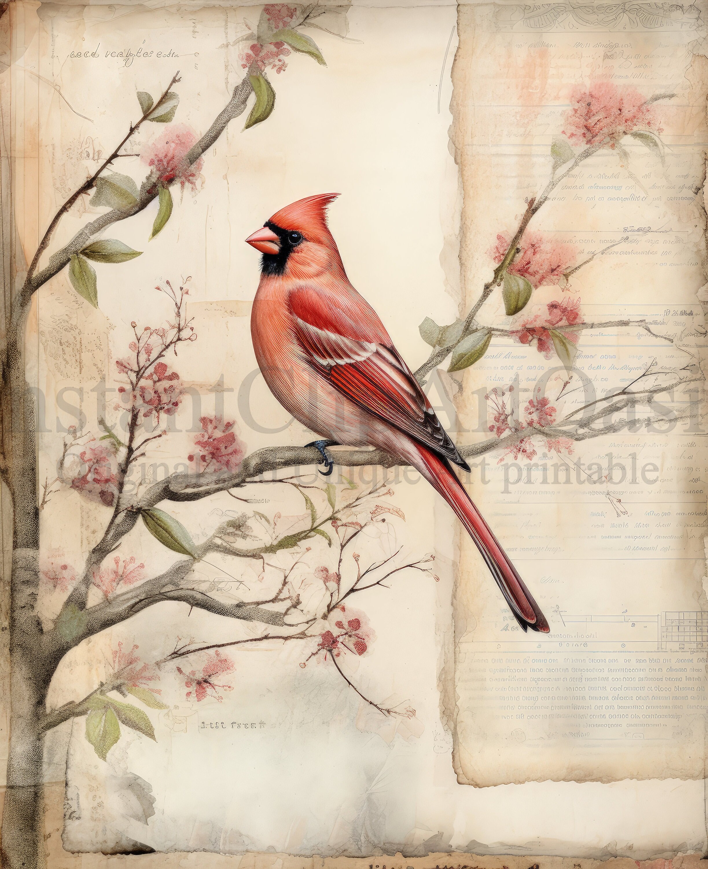 Red Cardinal Papers, 10 High Quality Jpgs, Vintage Illustration ...