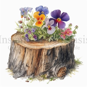 Flores silvestres en imágenes prediseñadas de tronco de árbol, 10 JPG de alta calidad, arte botánico, descarga digital, fabricación de tarjetas, diario, arte de papel digital #417