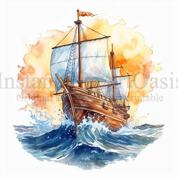 Old Ship Clipart, 10 High Quality JPGs, Nursery Art, Digital Download | Card Making, Galeon Clipart, Digital Paper Craft | #563