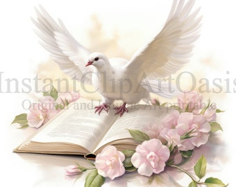 White Dove on Books Clipart - 10 High Quality JPGs, Nursery Art, Digital Download | Card Making, Books Clipart, Digital Paper Craft | #1289