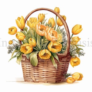 Gelbe Tulpen Korb Clipart, 10 hochwertige JPGs, Junk Journaling, digitale Planer, Wandkunst, digitales Papier Handwerk, Aquarell | #611