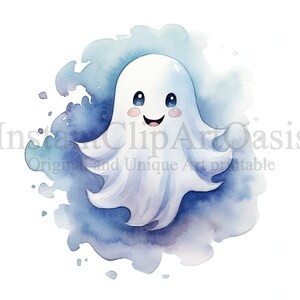 May include: A cute cartoon ghost with a big smile and rosy cheeks, floating in a blue watercolor background.