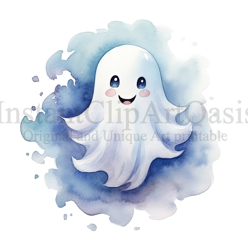May include: A cute cartoon ghost with a big smile and rosy cheeks, floating in a blue watercolor background.