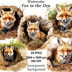 Renard dans la tanière des cliparts - 10 PNG de haute qualité, téléchargement numérique, fabrication de cartes, renard des cliparts, créations numériques en papier, graphiques imprimables #1298