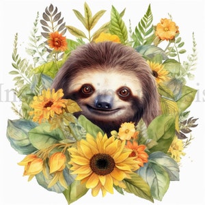 Sunflower Sloth Clipart, 10 High Quality JPGs, Nursery Art, Digital Planner, Watercolor, Card Making, Journaling, Digital Download 551 image 7