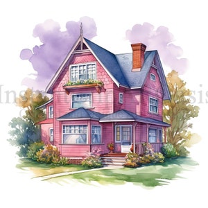 Clipart Pink Houses, 10 wysokiej jakości plików JPG, sztuka morska, natychmiastowe pobieranie cyfrowe | Tworzenie kartek, wydruk Pink House, cyfrowe rzemiosło papierowe | #710