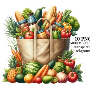 Clipart borsa della spesa, 10 PNG di alta qualità, arte della scuola materna/creazione di cartoline, clip art, artigianato con carta digitale, pittura ad acquerello, frutta/#1459