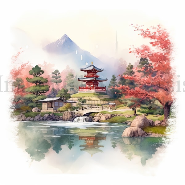 Clipart de paysage japonais -Set 2- 10 JPG de haute qualité, Art de l'aquarelle, Téléchargement numérique, Fabrication de cartes, Artisanat en papier numérique | #701