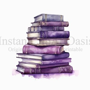 May include: A watercolour illustration of a pile of books in various shades of purple. The books are stacked in a cascading arrangement, with visible brushstrokes and watercolour effects. The image has a soft, artistic feel. The text "Instant Oasis" is visible in the image.