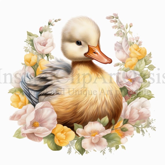 Floral Duckling Clipart, 10 High Quality JPGs, Nursery Art, Card Making, Clip Art, Cute Duck, Digital Paper Craft, Watercolor Painting #592