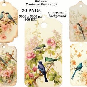 Birds Tags - 20 High Quality PNGs, Digital Download, Journaling, Scrapbooking, Digital Paper Craft, Antique Paper, Printable Ephemera #1405