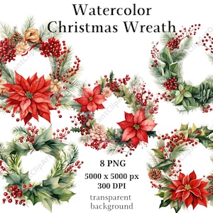 Watercolor Christmas Wreath Clipart, 8 High Quality PNGs, Christmas Wreath Clipart, Card Making, Journaling, Digital Download | #923