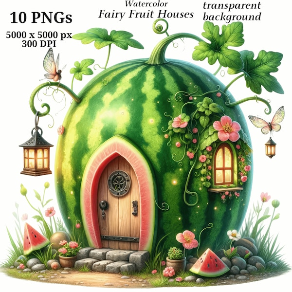 Fairy Fruit Houses Clipart, 10 High Quality PNGs, Nursery Art, Digital Download, Card Making, Cute Fairy, Digital Paper Craft #1426