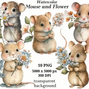 Imágenes prediseñadas de ratón y flores - 10 PNG de alta calidad, planificadores digitales, diarios basura, descarga digital, libros de memoria, scrapbooking / #1290