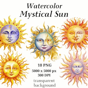 Mystische Sonne Clipart - 10 hochwertige PNGs, himmlisch, digitaler Download, Kartenherstellung, Aquarell Sonne, druckbare Grafiken | #1216