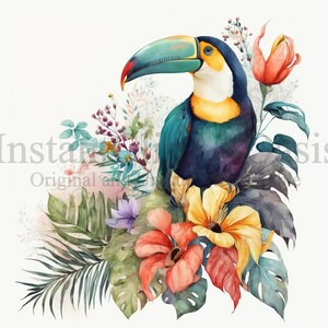 May include: A watercolor painting of a toucan with a yellow beak and blue and green feathers. The toucan is surrounded by tropical flowers and leaves in shades of pink, red, yellow, and green.