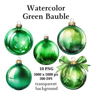 Watercolor Green Bauble Clipart, 10 High Quality PNGs, Christmas Clipart, Card Making, Journaling, Digital Download | #1030