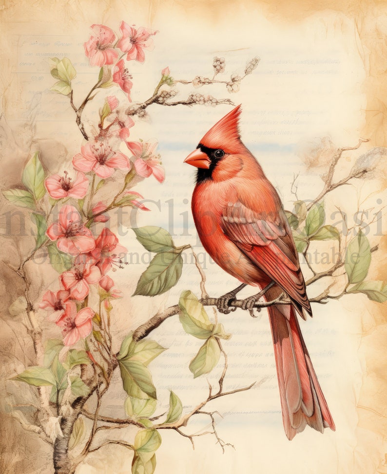 Red Cardinal Papers, 10 High Quality Jpgs, Vintage Illustration ...