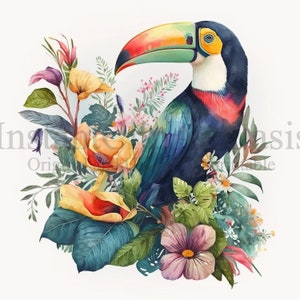 May include: A toucan with a colorful beak and blue and black feathers is perched in a lush tropical floral arrangement. The flowers are yellow, pink, and white.