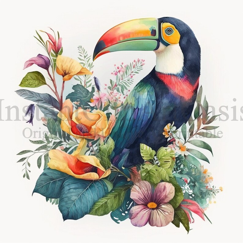 May include: A toucan with a colorful beak and blue and black feathers is perched in a lush tropical floral arrangement. The flowers are yellow, pink, and white.