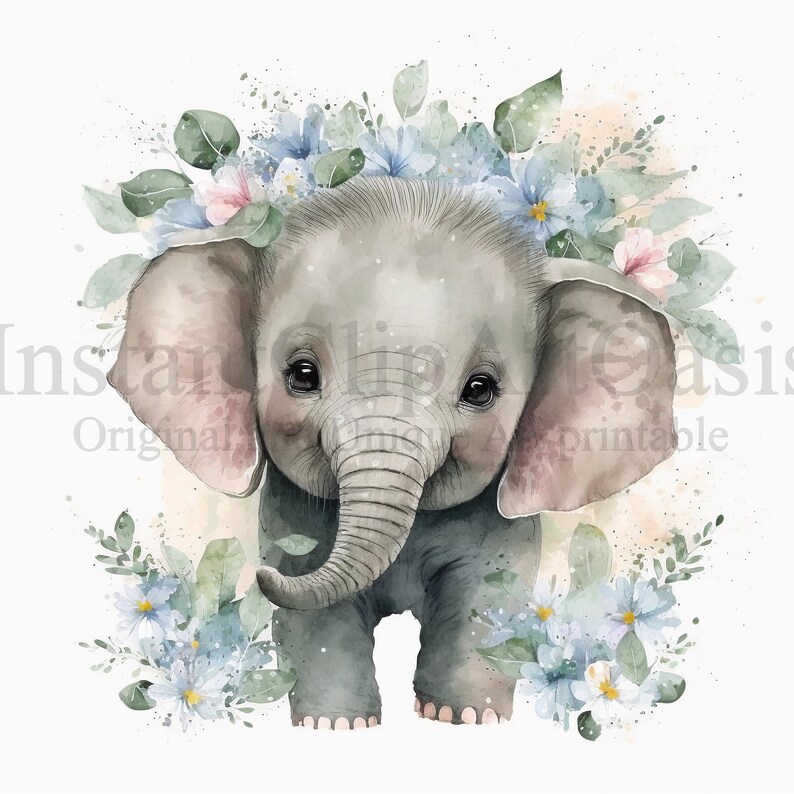 Pu&ograve; includere: Un dipinto ad acquerello di un cucciolo di elefante con una corona di fiori blu e rosa. L'elefante ha un'espressione dolce e guarda direttamente lo spettatore.