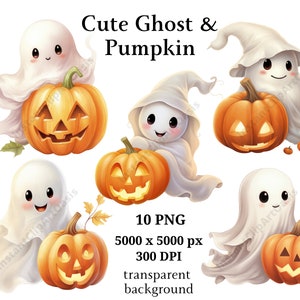 Cute Ghost & Pumpkin Clipart, 10 PNG de alta calidad, planificador digital, imágenes prediseñadas de Halloween, fabricación de tarjetas, diario, descarga digital #950