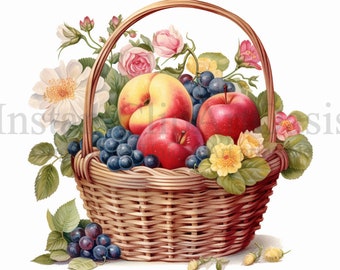 May include: A wicker basket filled with red apples, peaches, and grapes. The basket is surrounded by pink and white roses and yellow flowers.