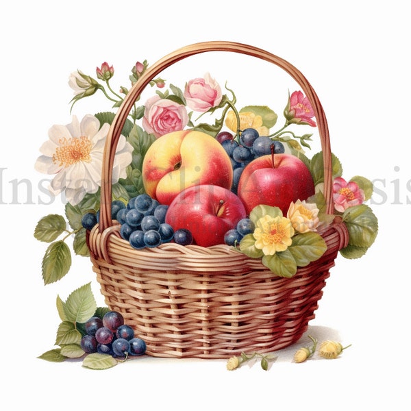 Fruit Basket Clipart, 10 High Quality JPGs, Nursery Art | Card Making, Clip Art, Digital Paper Craft, Watercolour Painting | #480