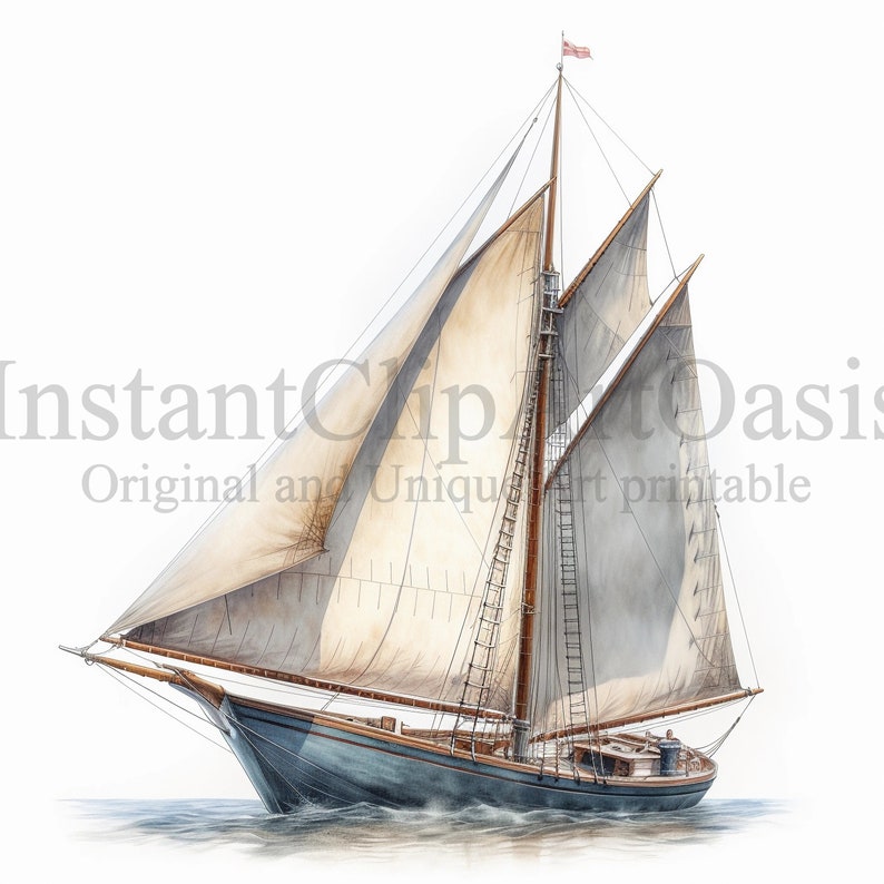 K&ouml;nnte beinhalten: Ein Vintage-Segelschiff mit wei&szlig;en Segeln und einem blauen Rumpf, das auf einem ruhigen Meer segelt. Das Segelschiff hat einen Mast und Takelage aus Holz und eine kleine Flagge an der Spitze des Mastes.