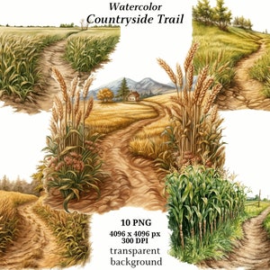 Clipart del sentiero di campagna, 10 PNG di alta qualità, Arte dell'acquerello, Download digitale, Creazione di cartoline, Supporti misti, Mestiere con la carta digitale / #1367