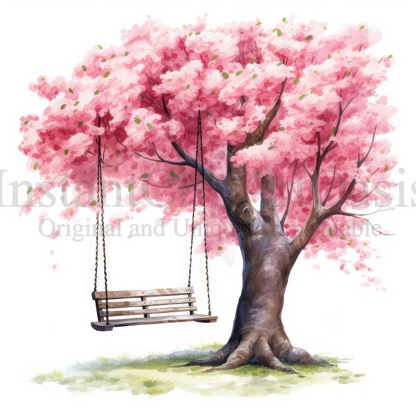 Watercolor Tree Swing, 10 High Quality JPGs, Instant Digital Download, Card Making, Paper Craft, Tree Swing Clipart #822