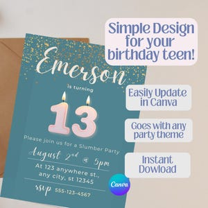 Editable 13th Birthday Party Invitation Digital Download, Canva Template , Teal Slumber Party Birthday Invite Template, Sleepover Invitation