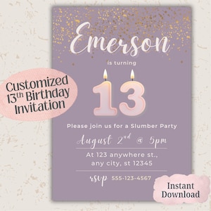 Slumber Party Invitation for 13 year old girl, Tween Girl Sleepover Invites, Editable 13th Birthday Party Invites, Canva Template