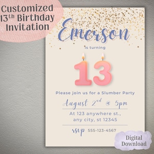 Editable 13th Birthday Slumber Party Invitation, Teen Sleepover Digital Invite, Digital Invitation for 13th Birthday, Canva Invitation