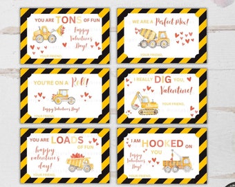 Puede incluir: Seis etiquetas de regalo imprimibles para el Día de San Valentín con vehículos de construcción y frases lindas. Las etiquetas son amarillas y negras con un patrón de rayas diagonales. El texto en las etiquetas incluye "You are tons of fun", "You're on a roll", "We are a perfect mix", "I really dig you, Valentine", "You are loads of fun", y "I am hooked on you".