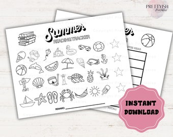 Puede incluir: Imprimible de seguimiento de lectura de verano en blanco y negro con ilustraciones temáticas de playa. Incluye espacio para el nombre, los minutos de lectura y una sección de recompensa. El texto "Summer Reading Tracker" está en la parte superior. La imagen también incluye el texto "Instant Download | Print Today".