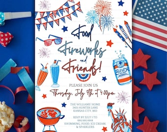 Editable 4th Of July BBQ Invitation, Independence Day BBQ, Barbeque Invitation, July 4th BBQ Invite, July Fourth Food Friend and Fireworks