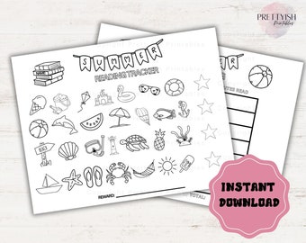Puede incluir: Un rastreador de lectura de verano imprimible en blanco y negro con ilustraciones con temática de playa. Incluye un registro de lectura y una sección de recompensas. El texto "Summer Reading Tracker" está en la parte superior. La imagen también dice "Instant Download | Print Today".