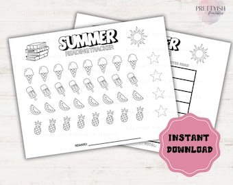 Puede incluir: Imprimible de seguimiento de lectura de verano en blanco y negro con ilustraciones de conos de helado, polos, rodajas de sandía y piñas. El texto "SUMMER READING TRACKER" está en la parte superior. Las palabras "INSTANT DOWNLOAD" están en un círculo rosa.