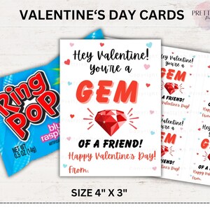 Ring Pop Valentines Printable Tag for kids classroom, Gemstone Valentine Cards, Kids Printable Valentines, School Valentine Gem Tag