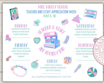 Editable 90s Theme Teacher and Staff Appreciation Week Flyer, Printable for Teacher Appreciation Week Printable Poster Event Flyer, 80s 90s